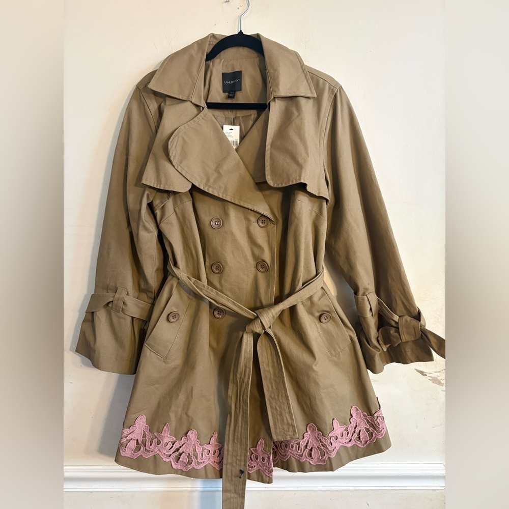 Lane Bryant Brown Trench Coat with Pink Embroidery size 14/16 NWT - Picture 2 of 5